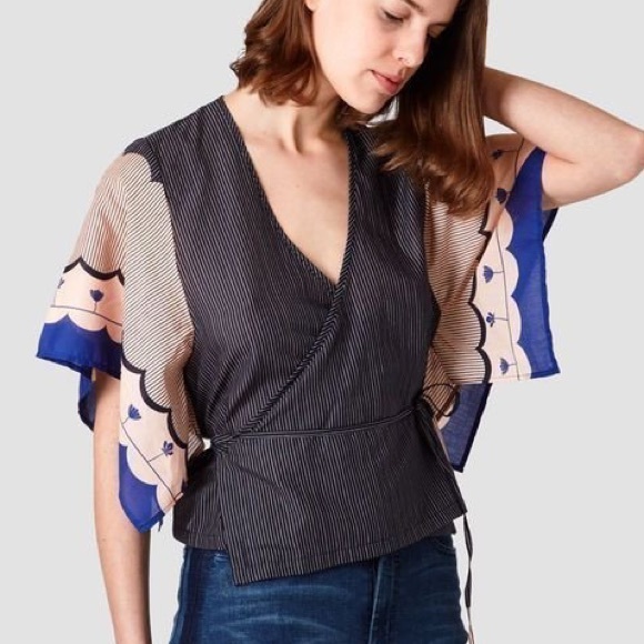 Rodebjer Malena Wrap Kimono Blouse in Border Blue - Picture 5 of 6